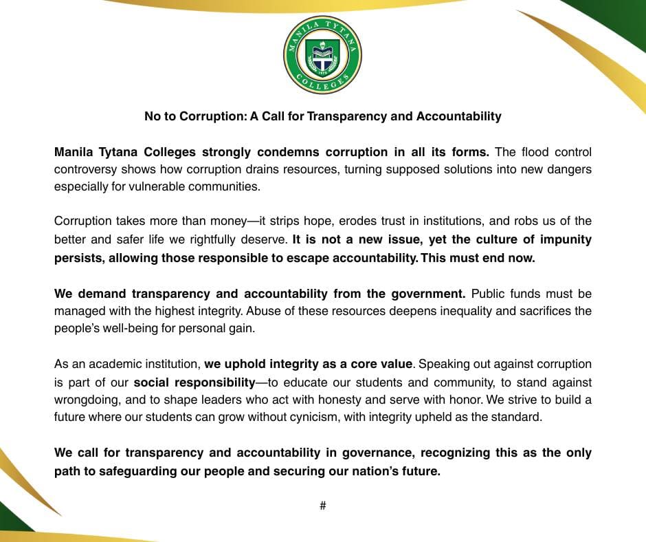 MTC Manila Tytana Colleges No to Corruction A Call for Transparency and Accountability